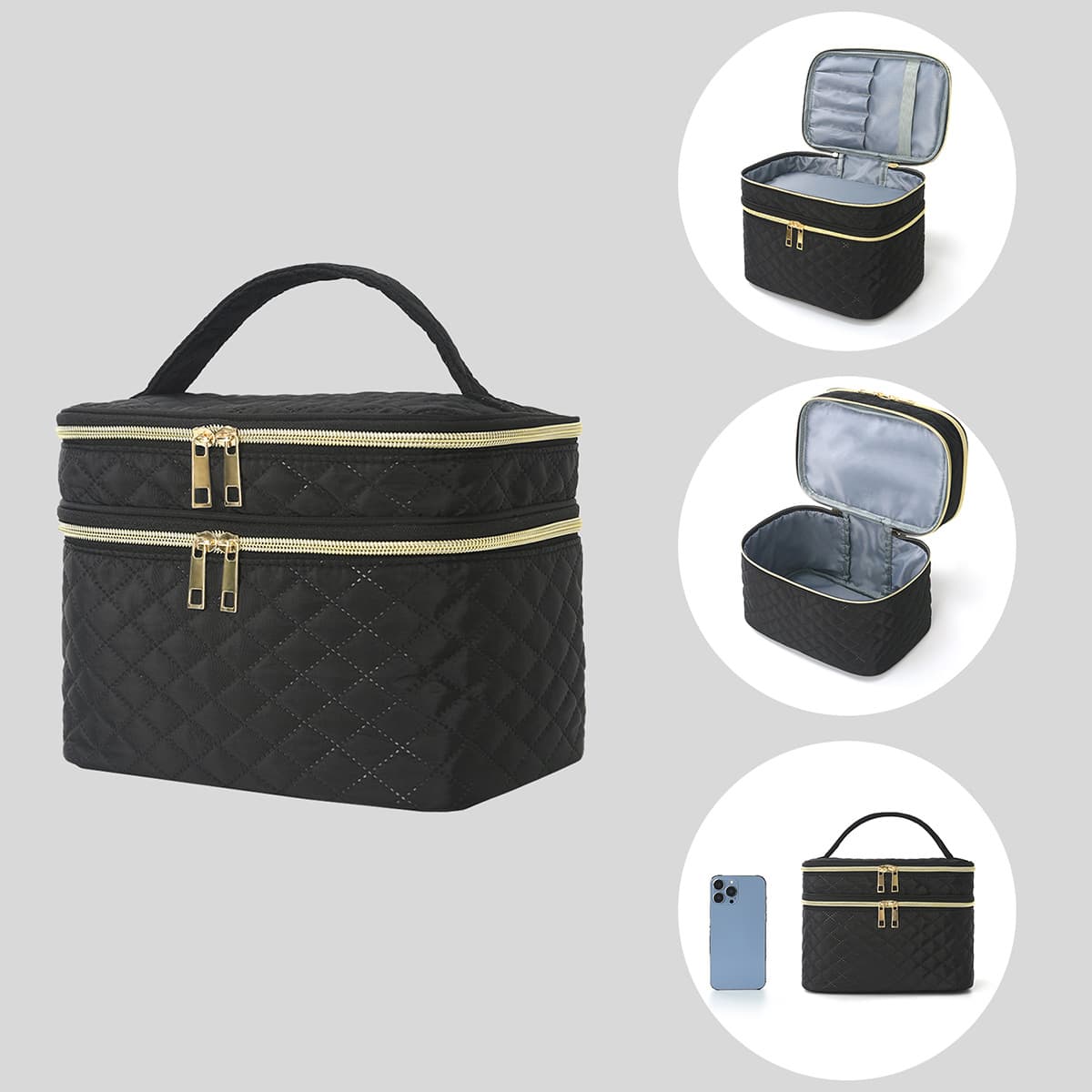 Cross-border Double-layer Makeup Bag Tall Large Capacity Handheld High-appearance Toiletry Bag Travel Portable Makeup Organizer Bag