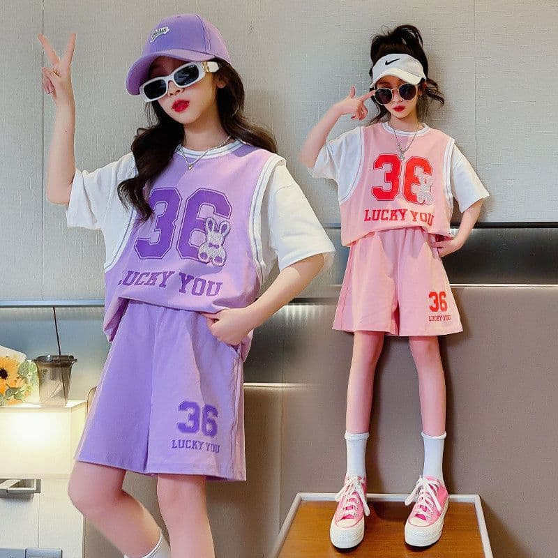 Spot girls summer new sports suit children's basketball uniform two-piece set foreign style short-sleeved shorts Korean fashion