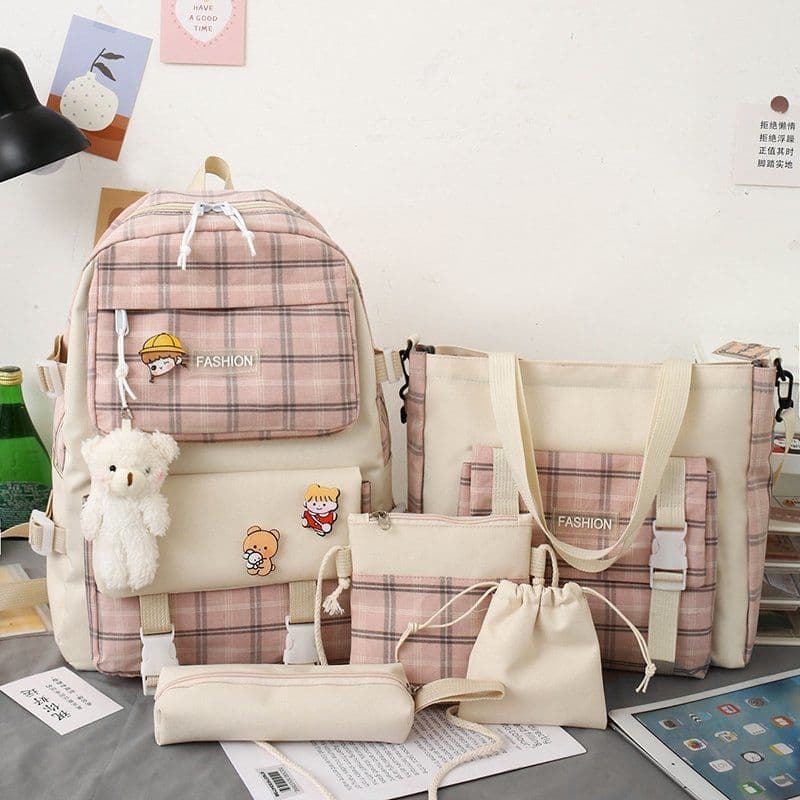 Cute Plaid Backpacks Women's Trendy Student Bookbags Five-piece Set Double-shoulder Backpacks For Elementary Girls