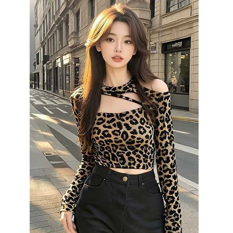 Shoulder Bared Long Sleeve Women's Base Shirt Hollow out Design Inner Wear American Retro Pure Desire Leopard Print Top