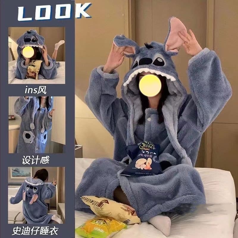 Women's Coral Fleece Thickened Bathrobe for Autumn and Winter, Couple Long Cute Men's Nightgown