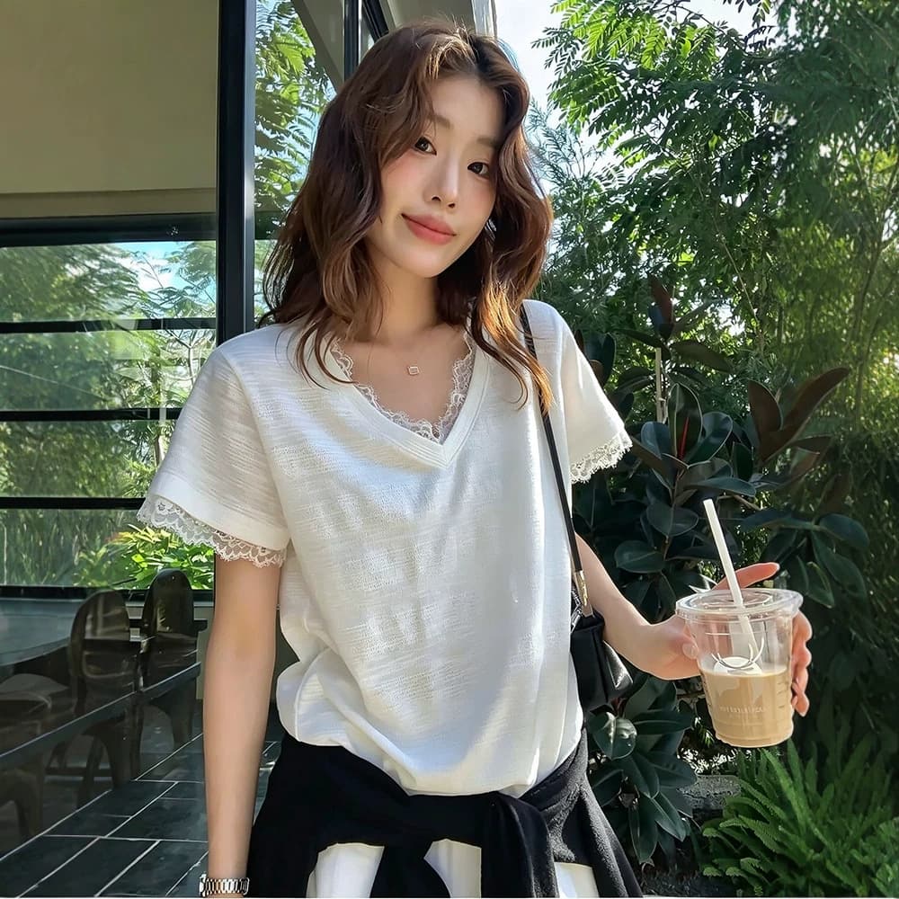 Lace Patch V-Neck White Short-Sleeve T-Shirt for Women Summer Thin Korean Style Loose Fit Regular Shoulder Slimming Versatile Top
