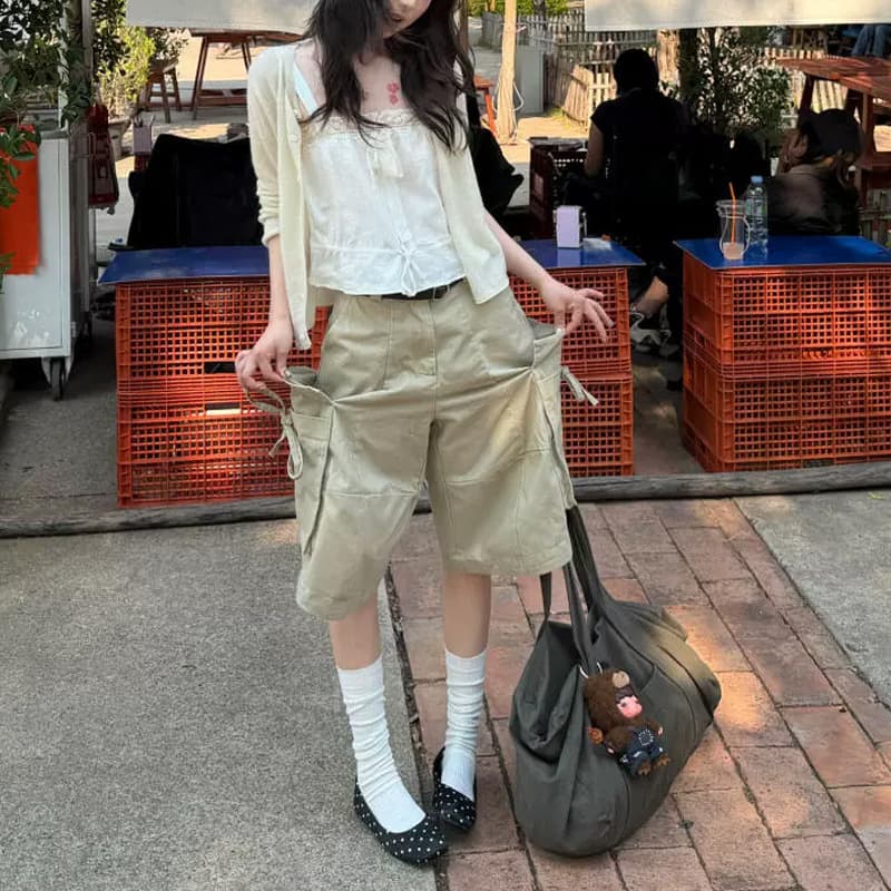 [Same Style as Ou Yang Nana] Korean Retro Summer New Style Ready-To-Wear Washed Curved Cut Pocket Workwear Shorts