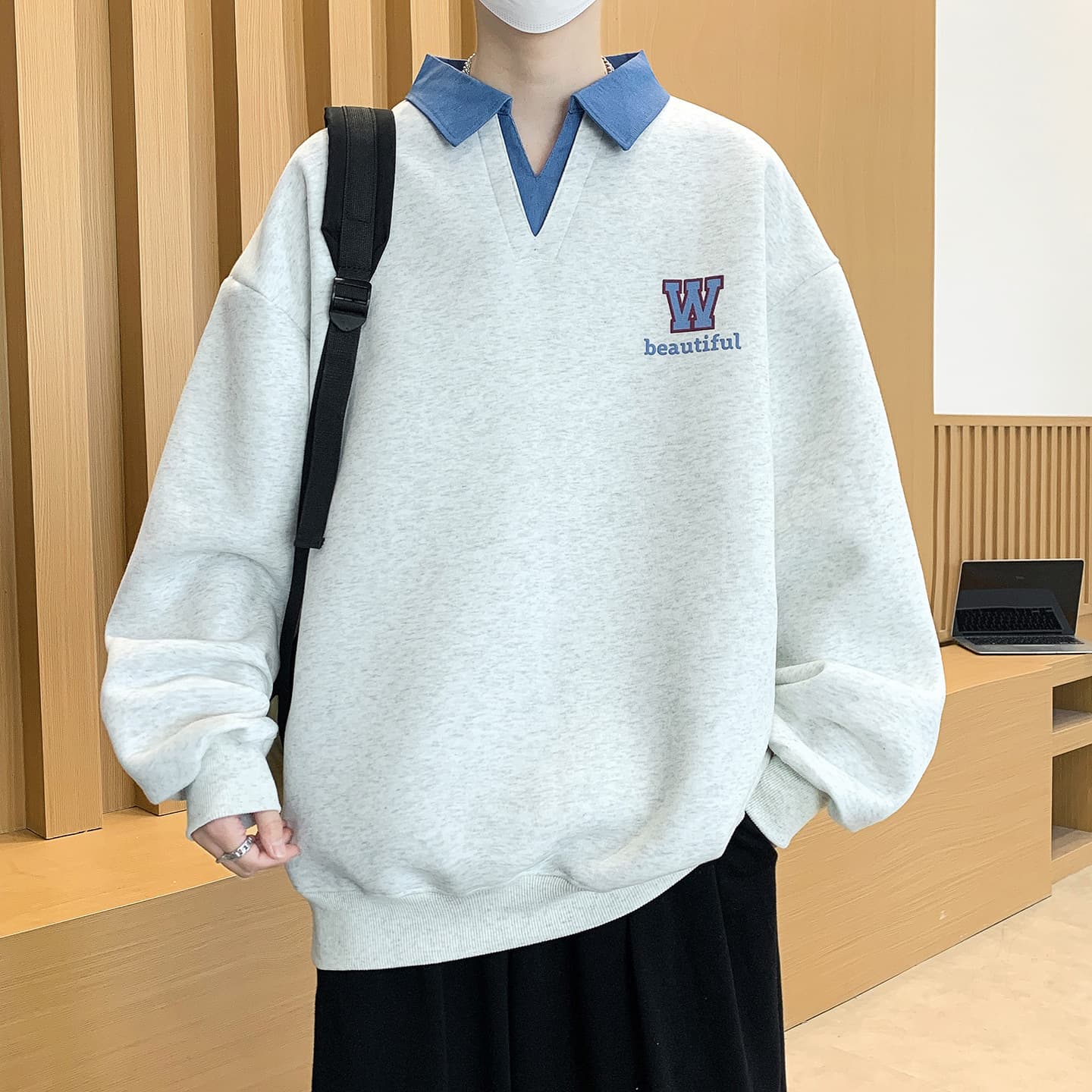 Lapel sweatshirt men's spring and autumn 2026 new long-sleeved T-shirt heavy loose T-shirt for teenagers and students