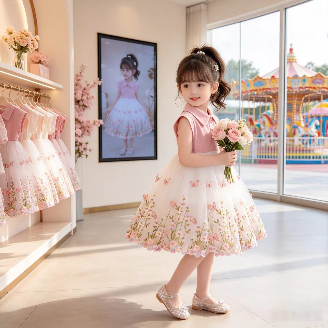 1679 Girls Summer Heavy Embroidery Butterfly Princess Dress Little Girl Sweet Lovely Tutu Birthday Gown