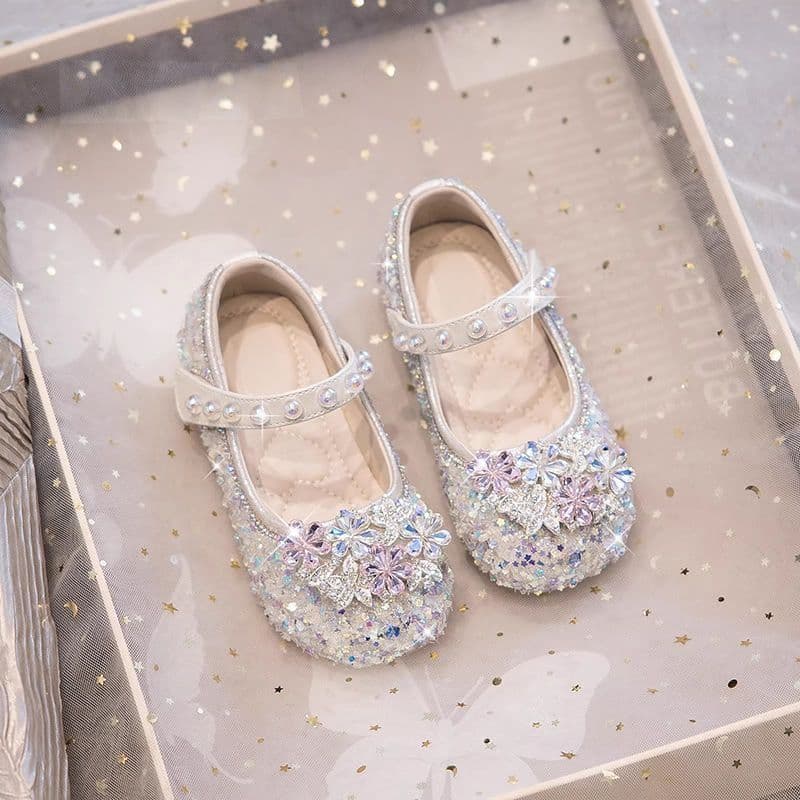 Girls Princess Shoes 2026 New Leather Shoes Children's Crystal Shoes Soft Sole Baby Girls' Shoes Sparkling Shoes with Skirts Spring