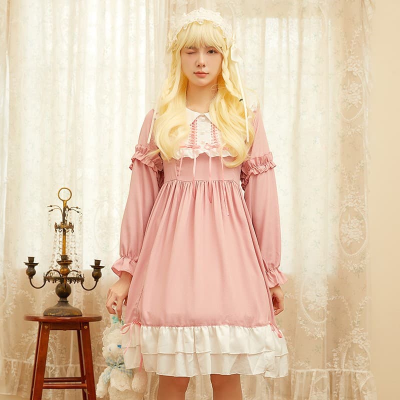 Original Lolita dress for spring and summer, soft girl Lolita large skirt, student cute OP long-sleeve dress.