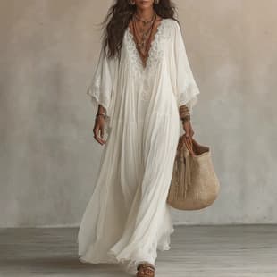 Independent Station 2026 European and American Cross-Border Women's Lace Trim V-Neck Long Dress Batwing Sleeve Vacation Beach Dress