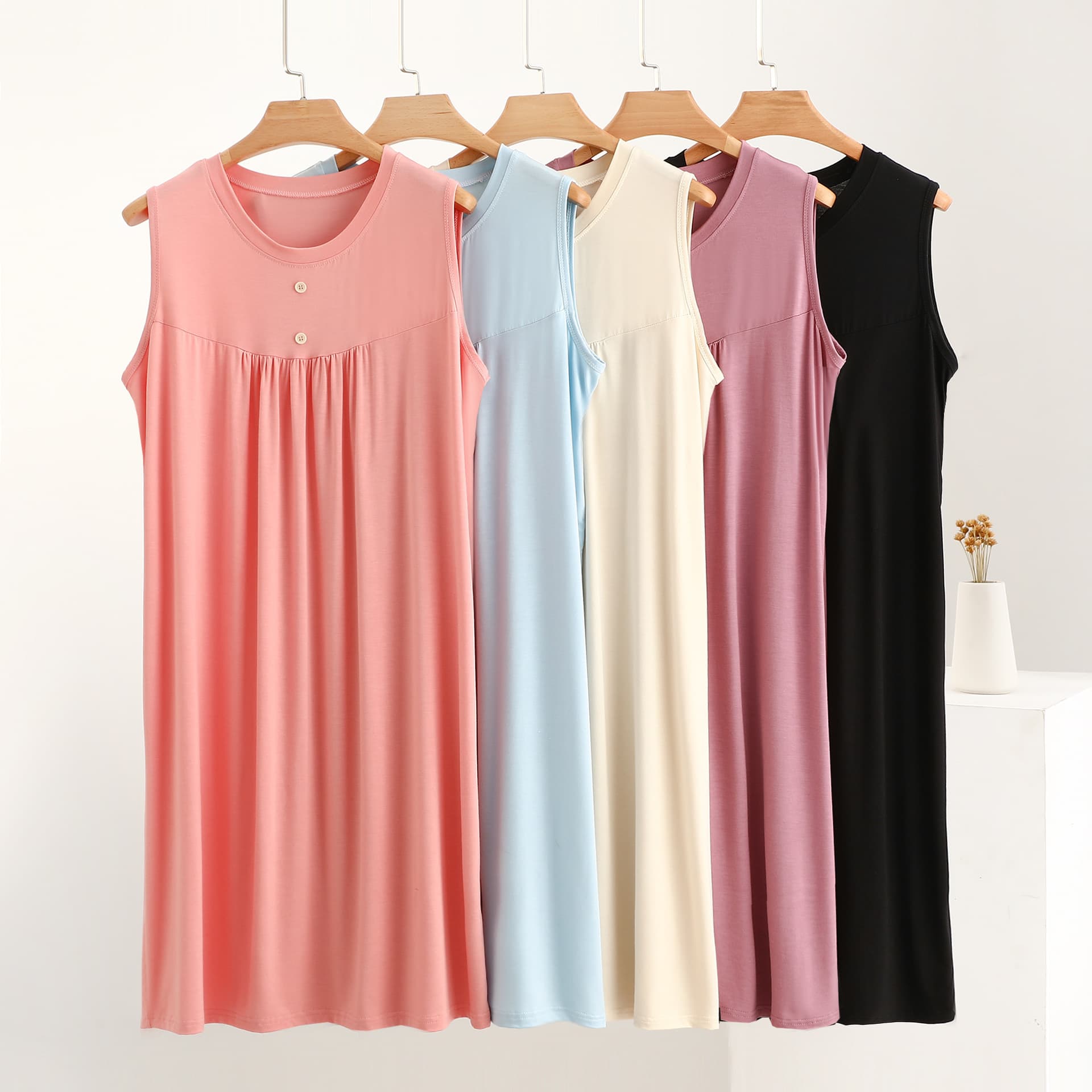 Summer New Bit Cotton Fashion Pleated Vest Dress Button Decoration Plus Size Loose Casual Home Dress