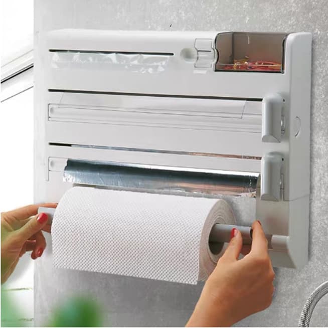 Wall-Mounted Home Kitchen Storage Rack with Plastic Wrap Cutter and Roll Paper Holder