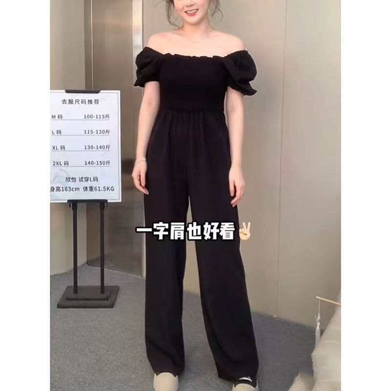 Plus Size High-Waist Waist-Cinching Hip-Covering Wide-Leg Jumpsuit Women's Summer One-Shoulder Slimming Elegant One-Piece Pants