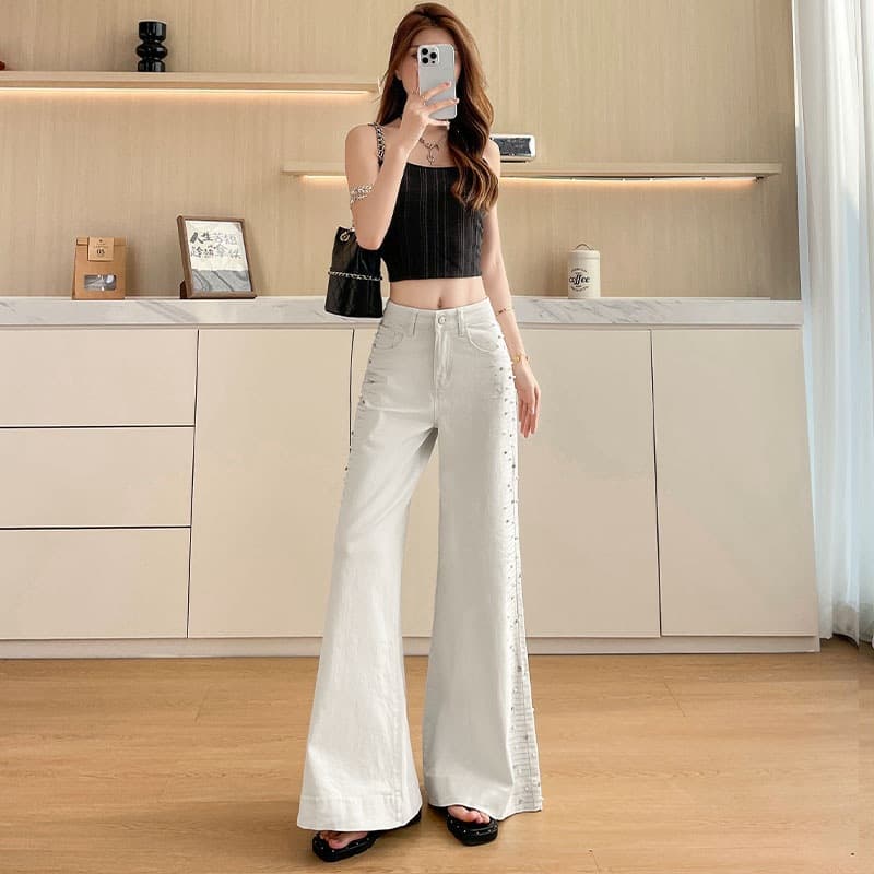 Heavy-Duty Rhinestone Studded Wide-Leg Jeans for Women Spring/Summer 2026 New Style Loose Fit Slimming Flared Straight-Leg Pants
