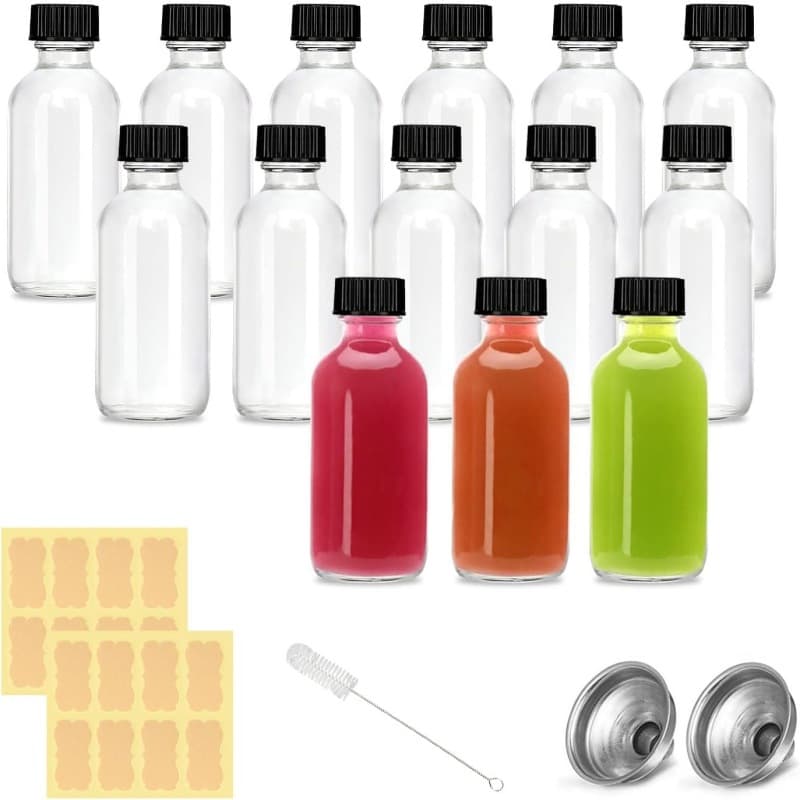 Cross-border Hot Sale 2oz Small Glass Jars with Lids and Funnel, 60ml Transparent Boston Round Bottles, Small Dispensing Containers