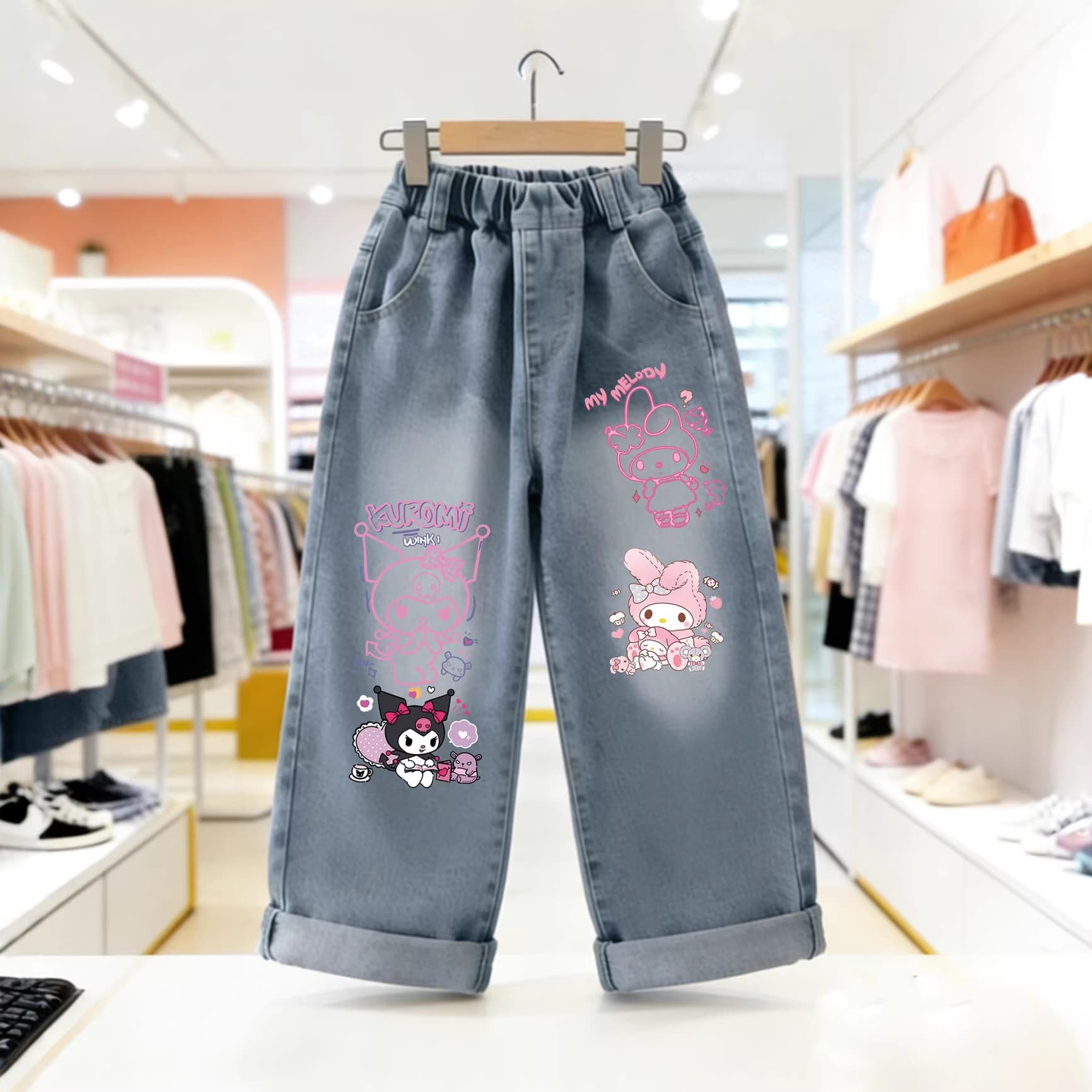 Kuromi Melody Kids Jeans Cinnamoroll Girl Spring Autumn Straight Long Pants Casual Trousers Fashion