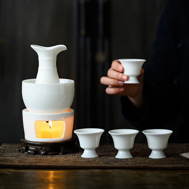 Yellow Rice Wine Warmer Set, Home Heating Carafe for White Wine, Japanese Candle-heated Ceramic Warmer, Wholesale Brewing Kit