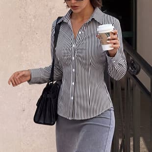 Plus Size Women's Lapel Curved Hem, Single-Breasted Striped Pleated Front Fitted Shirt, Elegant Waist-Cinching