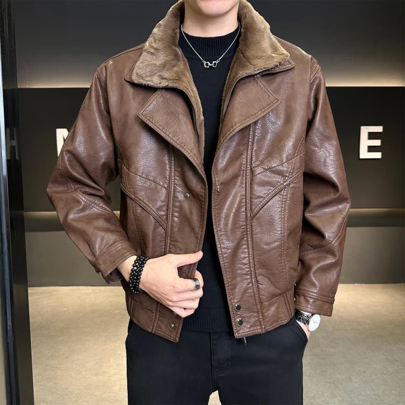 Leather jacket, rugged and stylish motorcycle style, faux two-piece long fleece leather jacket
