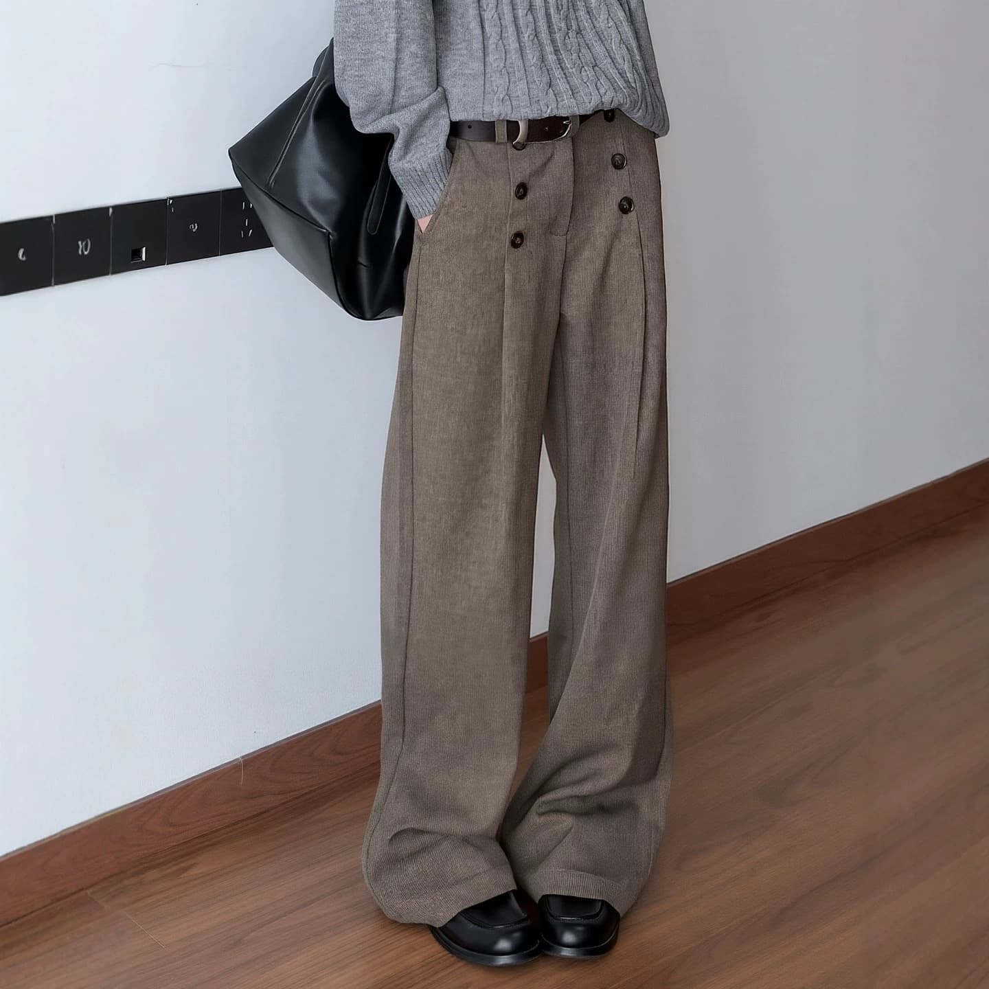 Brown Old Money Double-Breasted Pleated A-Line Loose Trousers for Men Draped Casual Wide-Leg Suit Pants