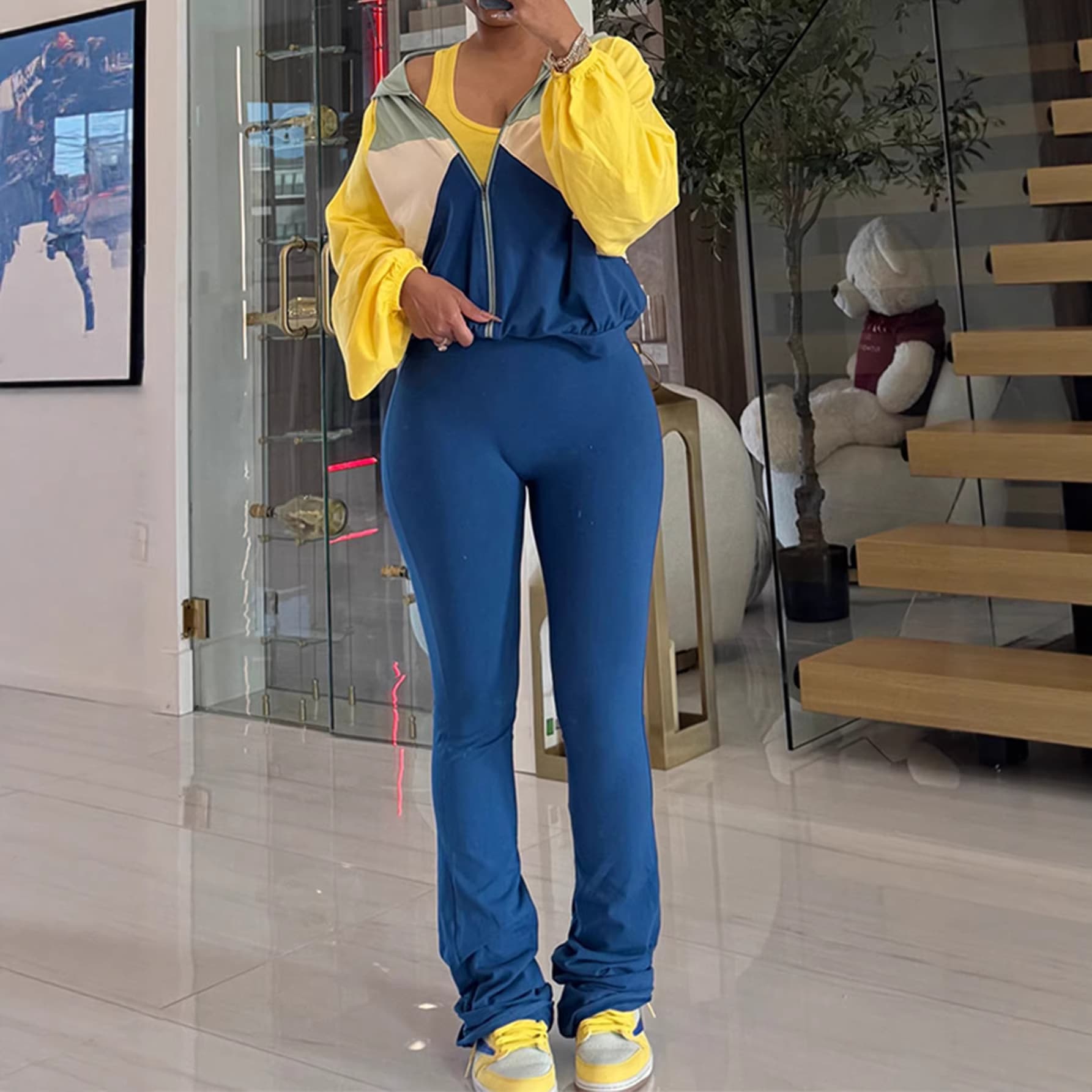 Women's Patchwork Casual 3-Piece Set: Sleeveless Fitted Top, Blouse, Straight-Leg Pants, Fashion Sporty Fall/Winter Set