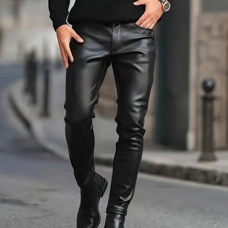 Cross-Border Men's Tight PU Leather Pants, Outdoor Cycling Windproof Leather Pants, Solid Color Mid-Waist Straight Leg Pants