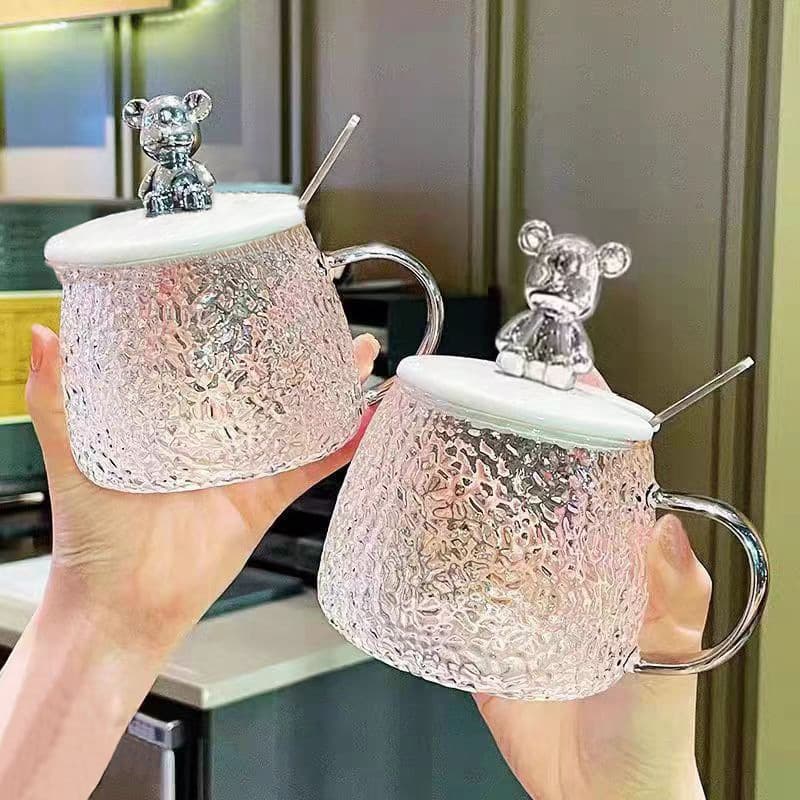 Creative Ins Glass Mug Bear Water Cup with Handle Household with Lid Breakfast Cup Internet Celebrity Gift