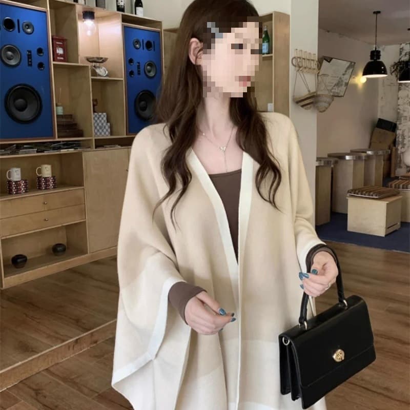 [Imitation cotton wash] contrasting color cloak shawl women's spring and autumn warm scarf knitted loose top