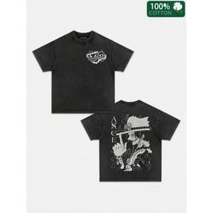 230G Cotton EU Size Anime Double Print Retro Washed T-Shirt, Anime A