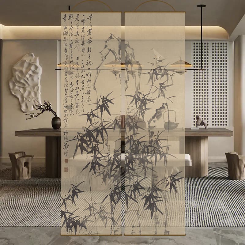 Beautiful Semi-Transparent Ink-Wash Bamboo Landscape Screen, Chinese-Style Roll-Up Partition Curtain, Hanging Curtain, Ink-Wash Window Curtain, Light-Transmitting Sheer Curtain