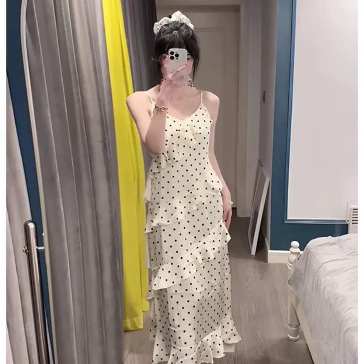 New French style sexy temperament ruffled splicing polka dot suspender dress for women summer pure desire hottie trendy long dress