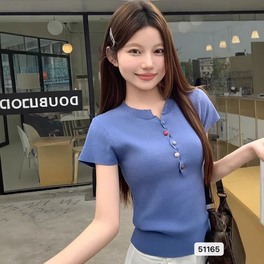 Dopamine Colorful Button Short-Sleeved T-Shirt Knitwear Women's Summer New Slim Tight Knitted Short Top