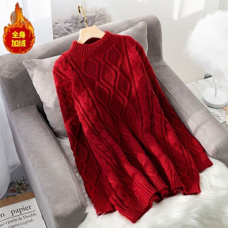 Women's loose-fitting, relaxed style red cable knit pullover mid-length autumn/winter outerwear fleece-lined thick knit sweater dress