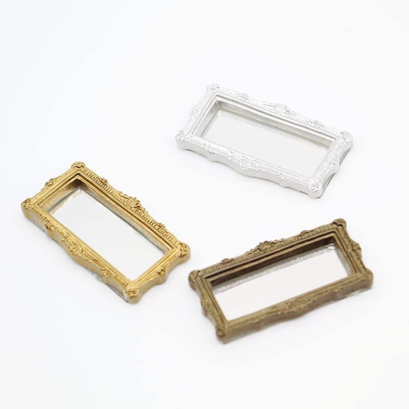 Dollhouse Mini Classical Mirror Gold Silver Square Carved Ornament Miniature Life Scene Model