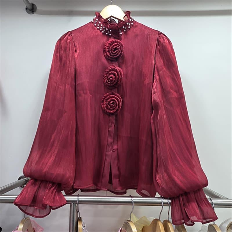 French-Style 3D Floral Long-Sleeve Blouse for Women, Korean Lazy Loose-Fitting Slimming Red Design Top