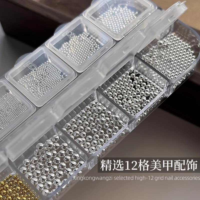 Mini steel beads 12-pack nail art jewelry silver steel beads mixed size three-dimensional round Christmas nail decoration