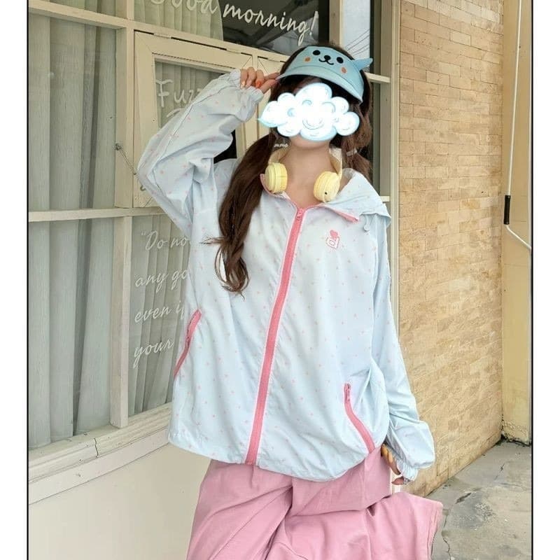 Korean-style Long-sleeve Lightweight Zip-up Hoodie Polka Dot Sun Protection Top Summer Loose Dopamine Outdoor Casual Jacket for Women