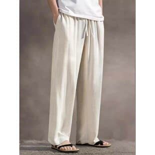 Chinese Style Linen Casual Pants for Men, Summer Thin, Loose Straight Wide-Leg Long Pants, Cotton-Linen Breathable, Draping Floor-Length Pants
