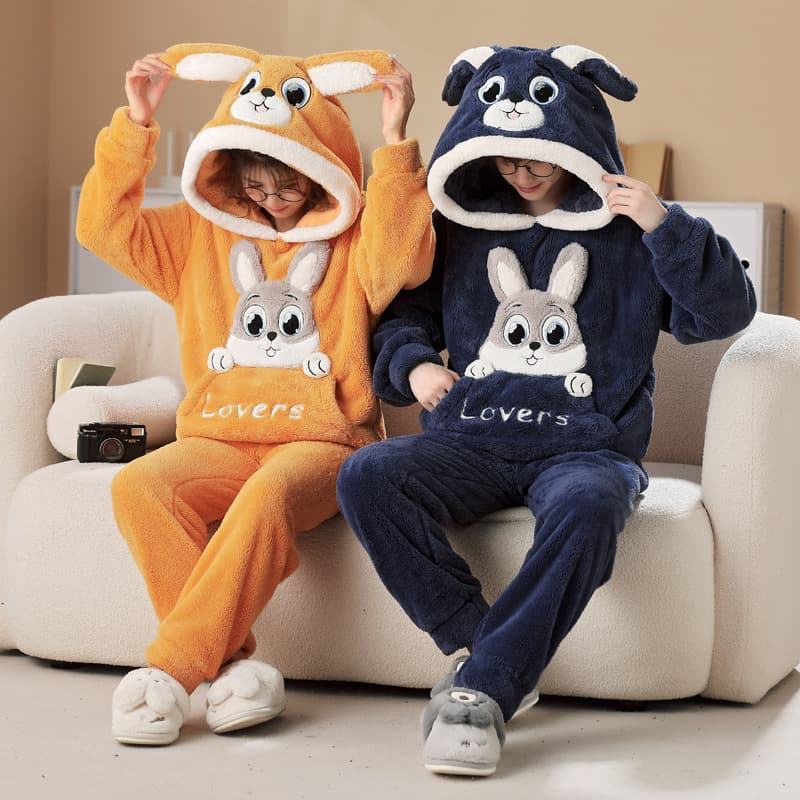 Couple Pajamas Women Autumn Winter Coral Fleece Thick Warm Cartoon Plus Size Men Hooded Set - Flannel Homewear