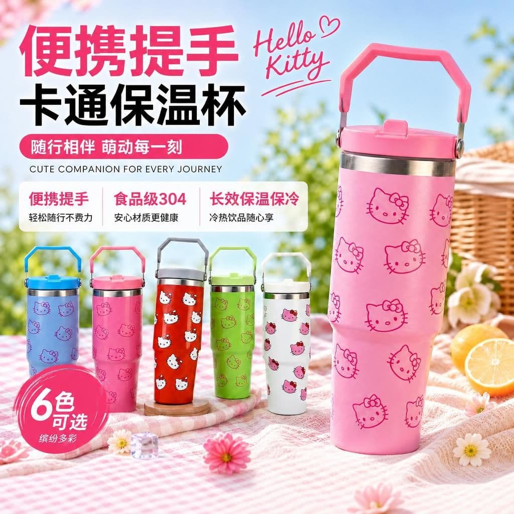 OZ Insulated Cat Face Cartoon Thermos Cup 30 New Vacuum Portable Outdoor Stainless Steel Car Cup with Handle