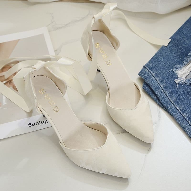 Spring and Summer New High Heels Thin Heel Women's Open Toe Sandals Slightly Shiny Sexy Shoes Elegant Ribbon Fairy Style Small Size 34