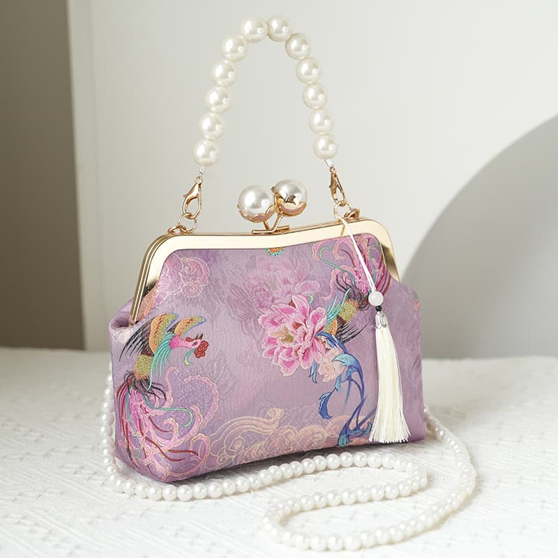 Elegant Embroidered Retro Chinese Style Handbag Satin Material Medium Size Lock Buckle Closure Document Pocket Daily Use