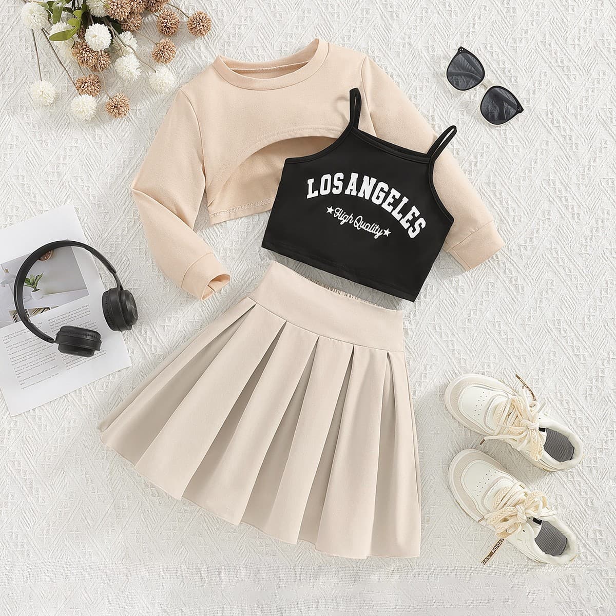 Korean Style Summer Outfit School Uniform round Neck Letter Strap Two Piece Set Pleated Short Skirt Knitted Casual Children's Cl
