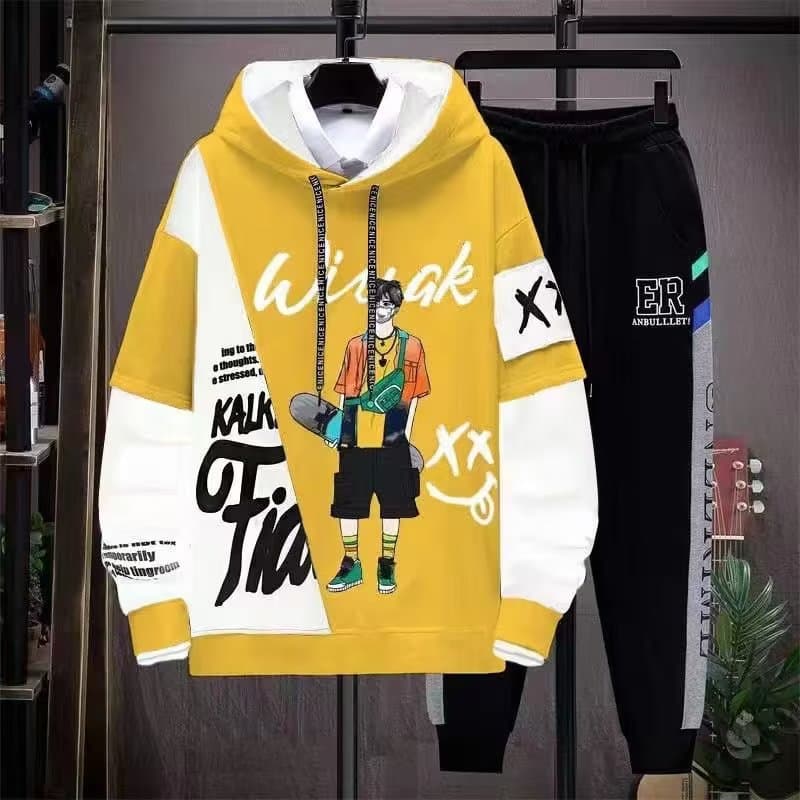 Spring and Autumn Hooded Thin Sweatshirt Set for Young Men, Students, Casual Loose Pants, Trendy Matching, Plus Size