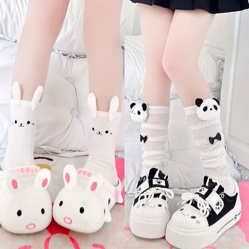 Summer Thin Sweet Versatile Calf Stacking Socks Anti-Odor Lolita JK Soft Girl Socks Cartoon Panda Moisture-Wicking Breathable