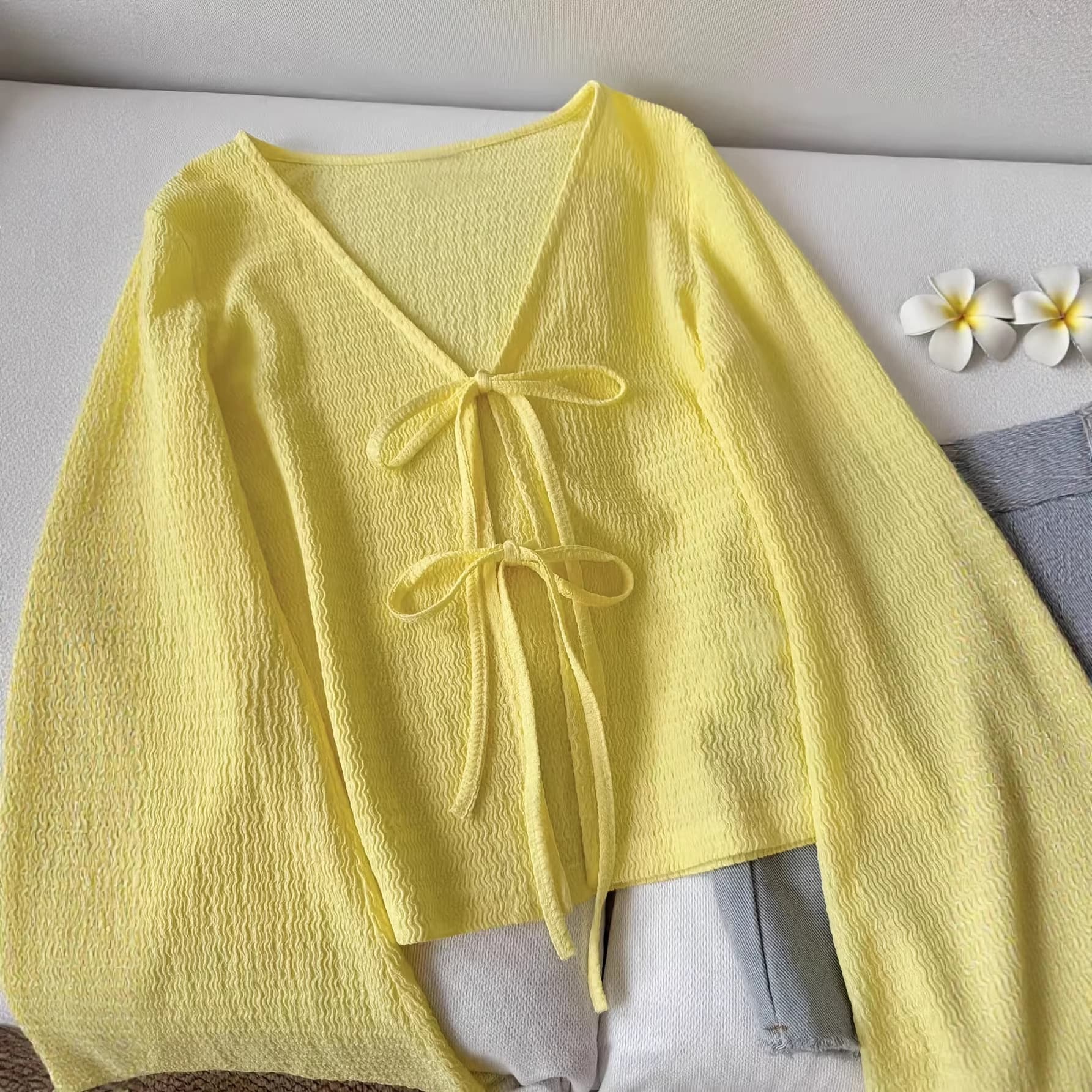 Fashion Solid Color Casual Loose Fit Long Sleeve Top with Tie #1800