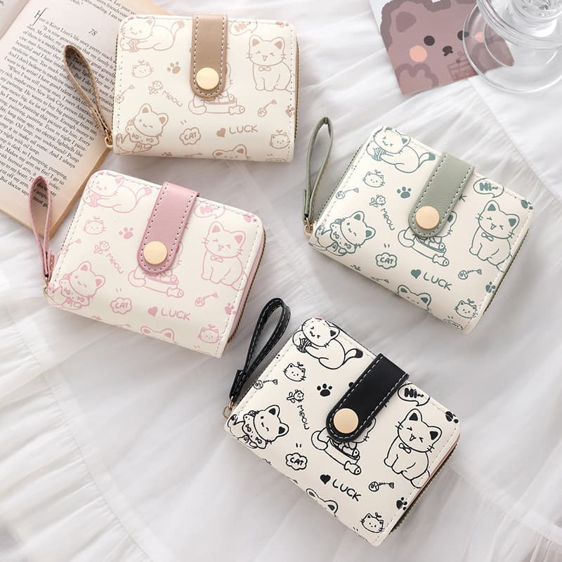 Cute Little Cat Japanese Style Women's Wallet with Buckle Short Handbag Multi-Functional Coin Holder Compact Size PU Leather