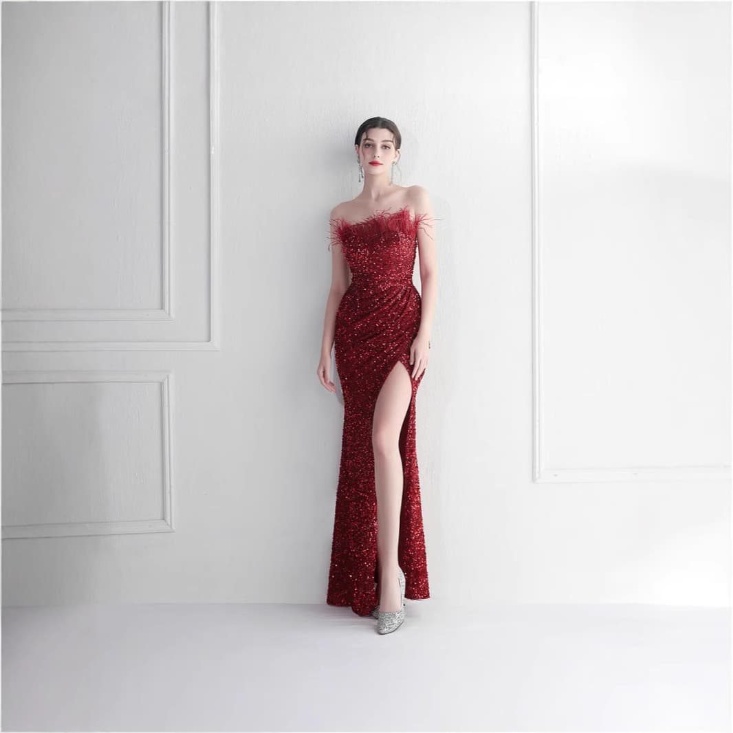 New Cross-Border Strapless Evening Gown Women Sequins Elegant Sexy Slit Fishtail Dress Banquet Hostess Long Dress