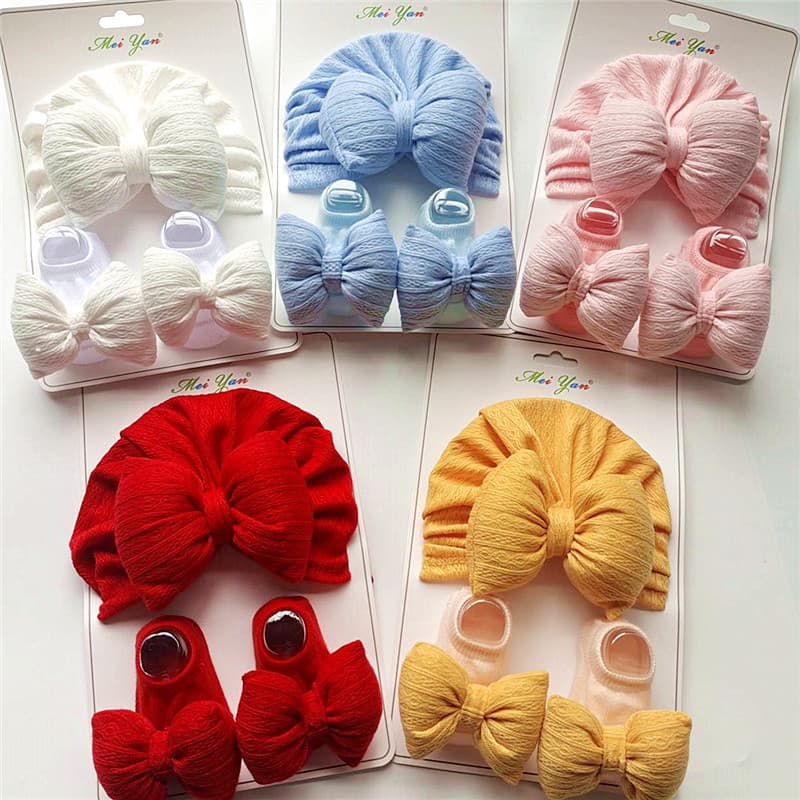 Newborn Knitted Cotton-Filled Large Bow + Knitted Socks Set Baby Hat and Ankle Socks Drop Shipping