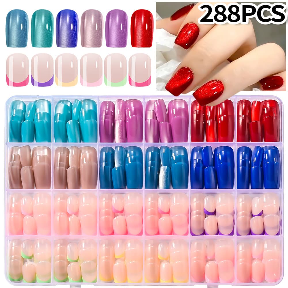 288pcs 24-Grid Cat Eye Boxed Nail Tips Cross-Border Wearable Nails Chinese Style Solid Cat Eye Ins Nail Tips