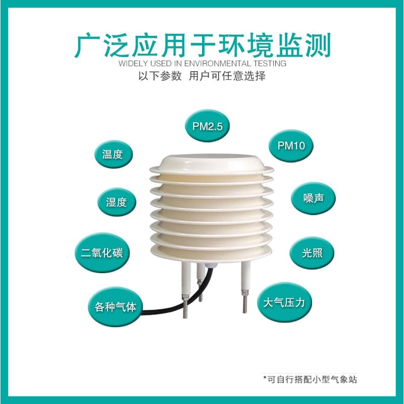 Weather station monitoring louvered box with temperature, humidity, light, carbon dioxide sensor, PM2.5, noise probe for outdoor use