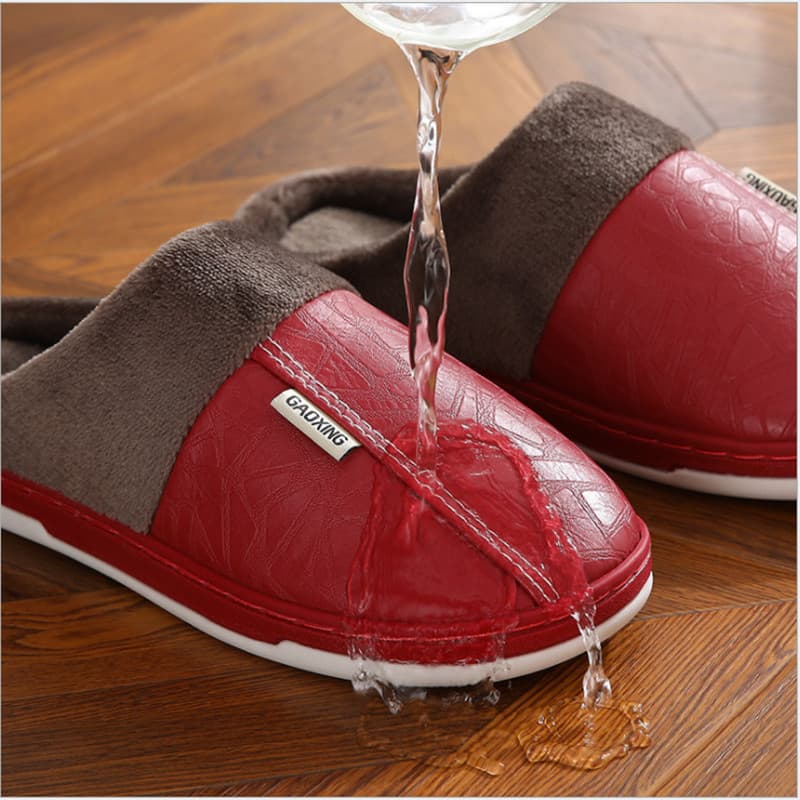 PU Leather Cotton Slippers for Men, Home Waterproof Thick Sole Warm Indoor Couple Winter House Slippers Custom